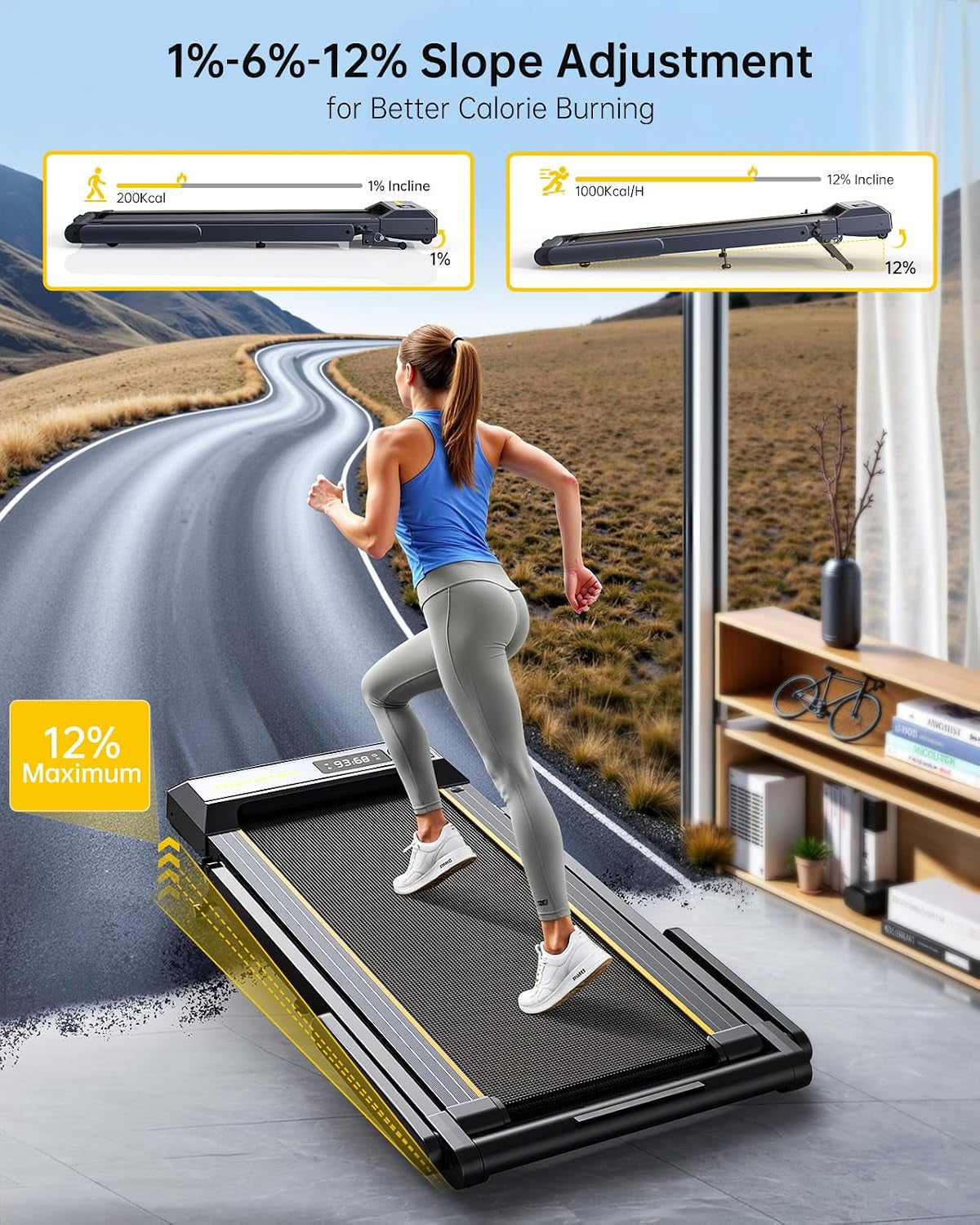 Walking Pad Treadmill with 12% Incline, 4 in 1 Foldable Treadmill with Handle Bar for Home/Office, under Desk Treadmills Portable Folding Walking Pad with App & Bluetooth Speaker, 0.6-10MPH