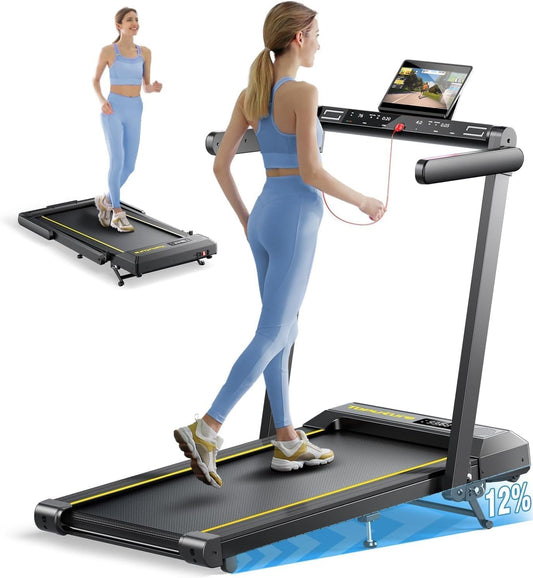 Walking Pad Treadmill with 12% Incline, 4 in 1 Foldable Treadmill with Handle Bar for Home/Office, under Desk Treadmills Portable Folding Walking Pad with App & Bluetooth Speaker, 0.6-10MPH