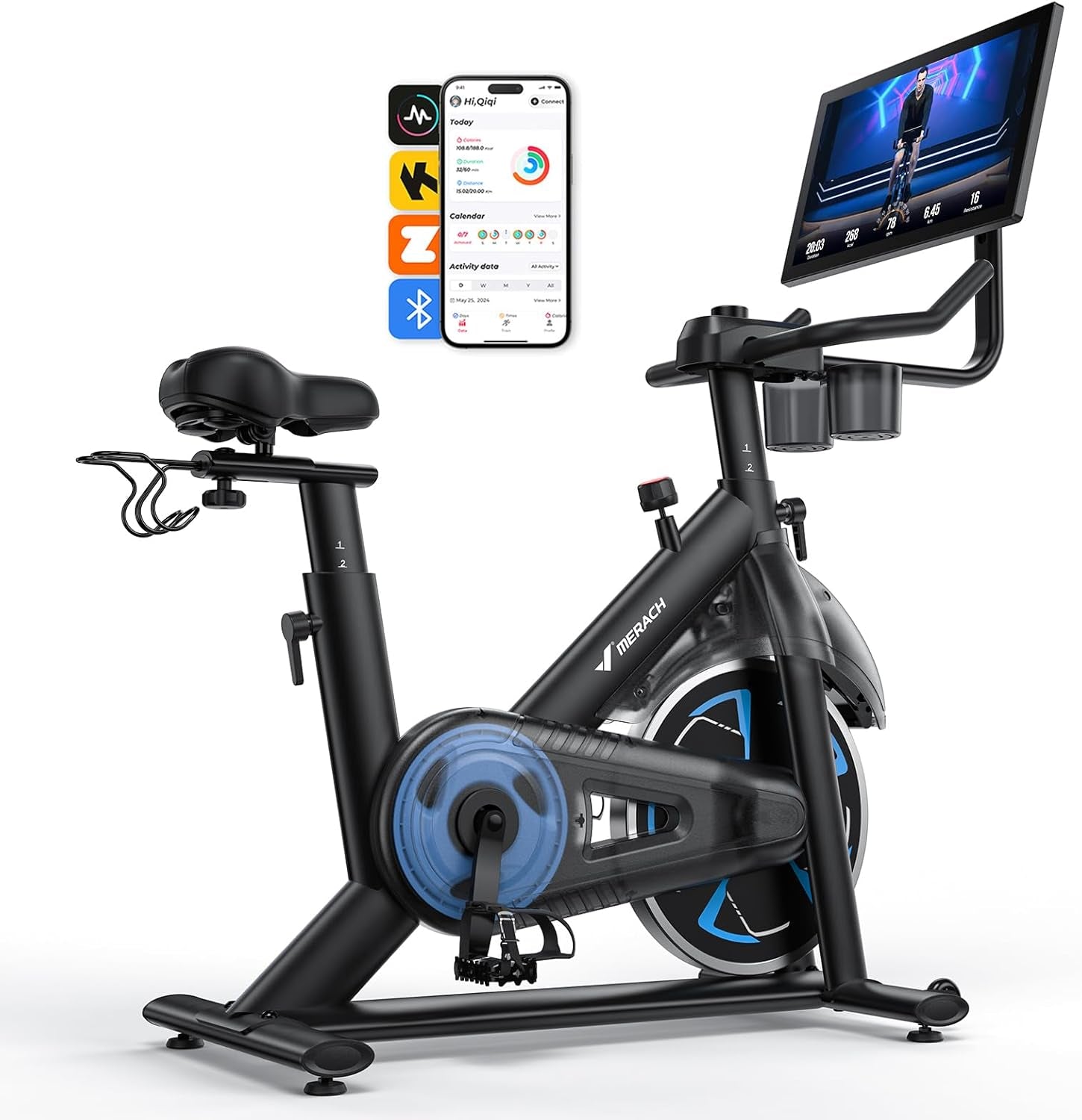 Magnetic Exercise Bike with 21.5" HD Display & Auto Resistance, Low Noise Stationary Bike for Home with Comfortable Seat Cushion, Spinning Bike with 350 Lb Weight Capacity, Exclusive App