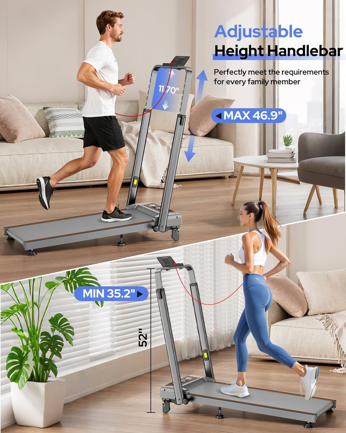 Treadmill Walking Pad with 12% Incline & Height Adjustable Handle Bar,  4 in 1 Walking Pad with Handle Bar, 350LBS Foldable Walking Pad Treadmill with Incline for Home, 3.5HP Small Treadmills