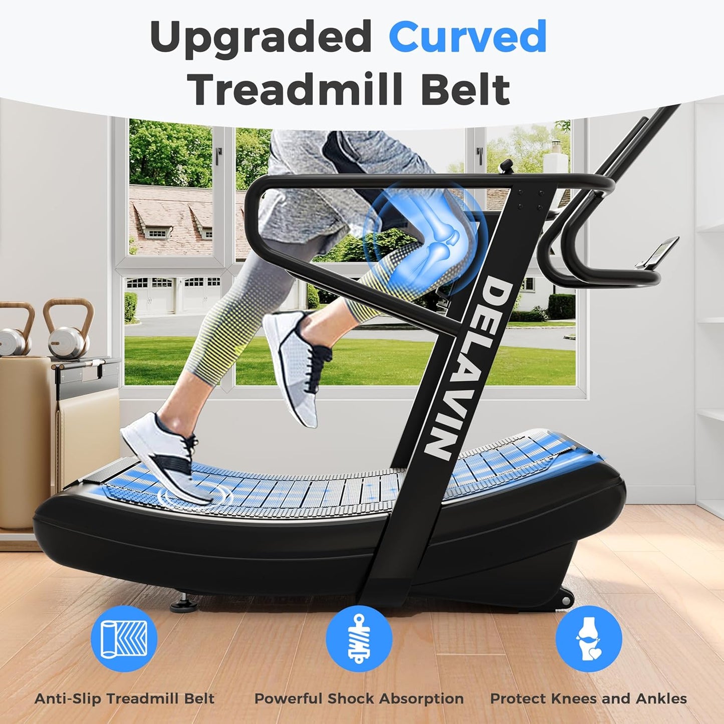 Curved Manual Treadmill, Non Electric Treadmill with 4 Resistance Levels, Motorless Treadmill with Front Digital Display and Handlebar, Wide Belt Treadmill 440LBS Capacity for Home Gym(Fba)