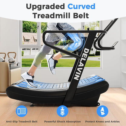 Curved Manual Treadmill, Non Electric Treadmill with 4 Resistance Levels, Motorless Treadmill with Front Digital Display and Handlebar, Wide Belt Treadmill 440LBS Capacity for Home Gym(Fba)