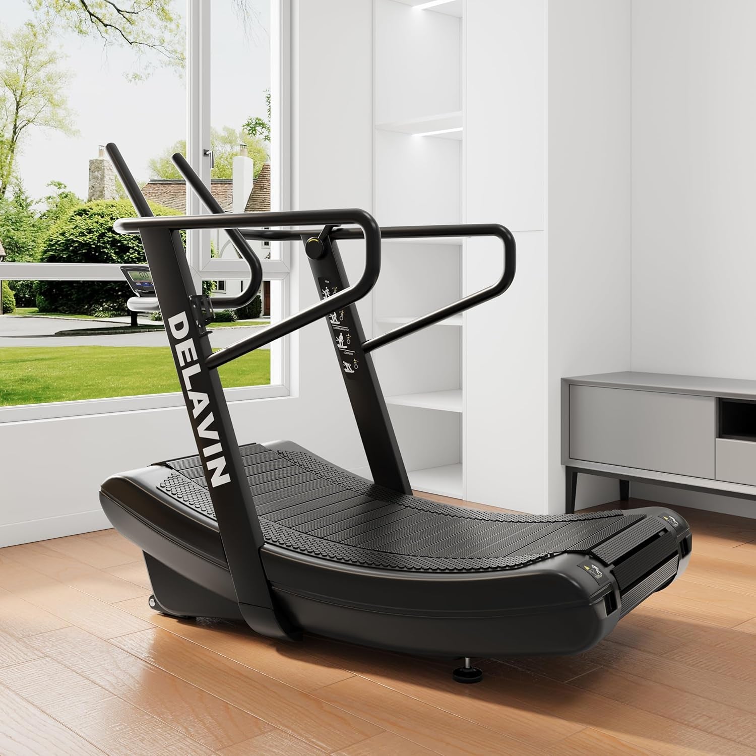 Curved Manual Treadmill, Non Electric Treadmill with 4 Resistance Levels, Motorless Treadmill with Front Digital Display and Handlebar, Wide Belt Treadmill 440LBS Capacity for Home Gym(Fba)