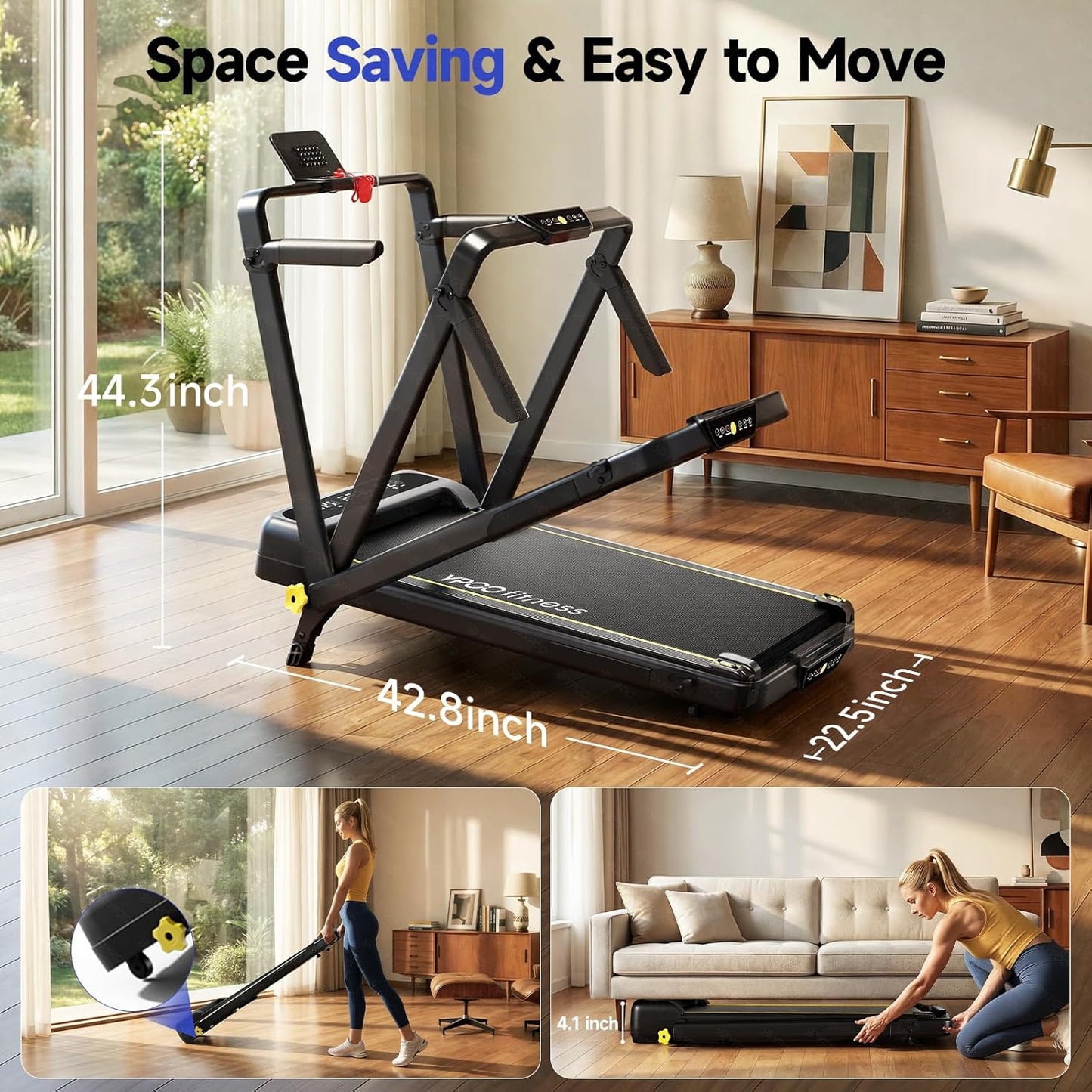 Foldable Treadmill with Incline, Walking Pad with Handle Bar 3 Level Incline, Portable Folding Treadmills for Home/Office 300 Lbs Capacity, Quiet Desk Treadmill with Remote Control & APP