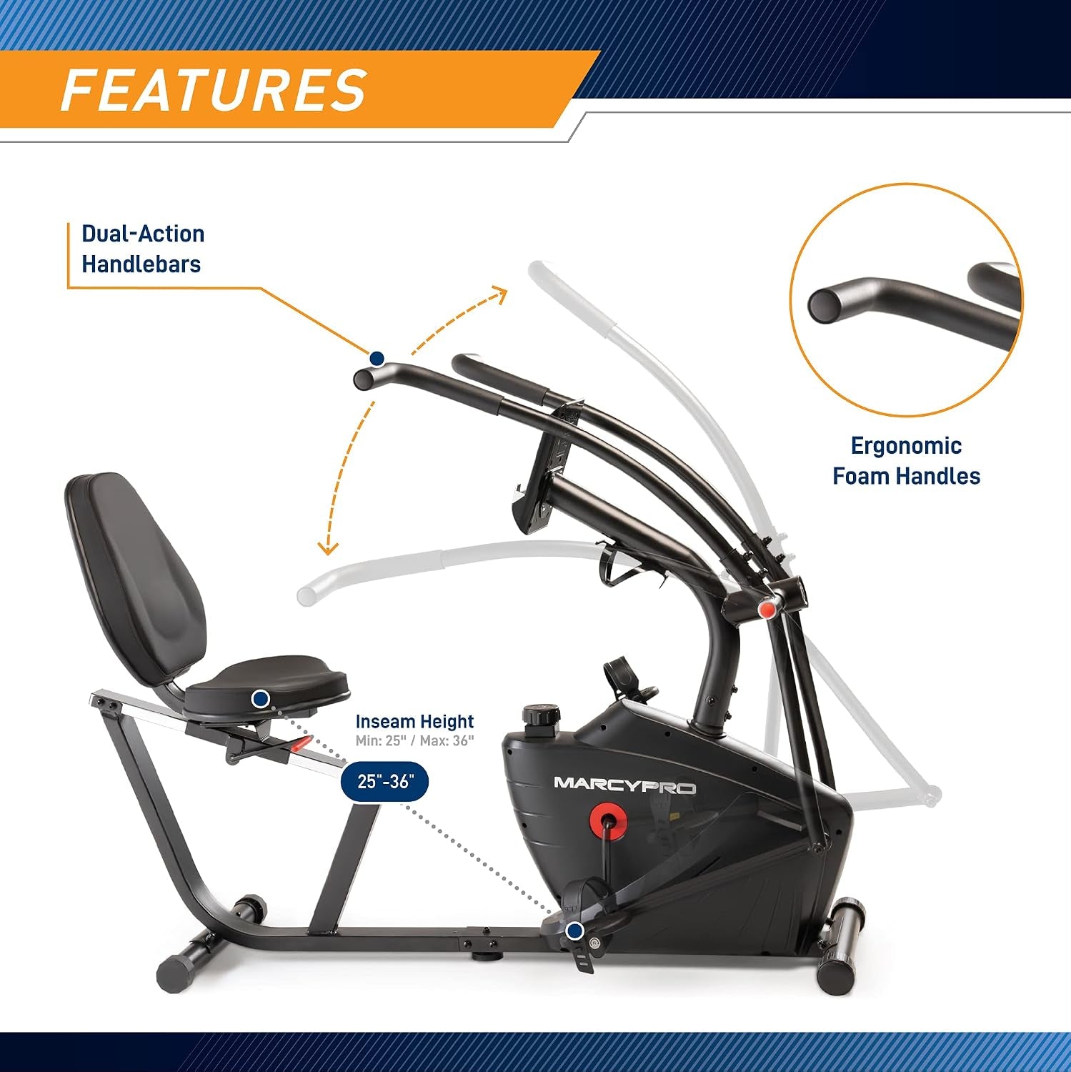 Dual Action Cross Training Recumbent Exercise Bike with Arm Exercisers, Gym Equipment for Work from Home Fitness, Black JX-7301