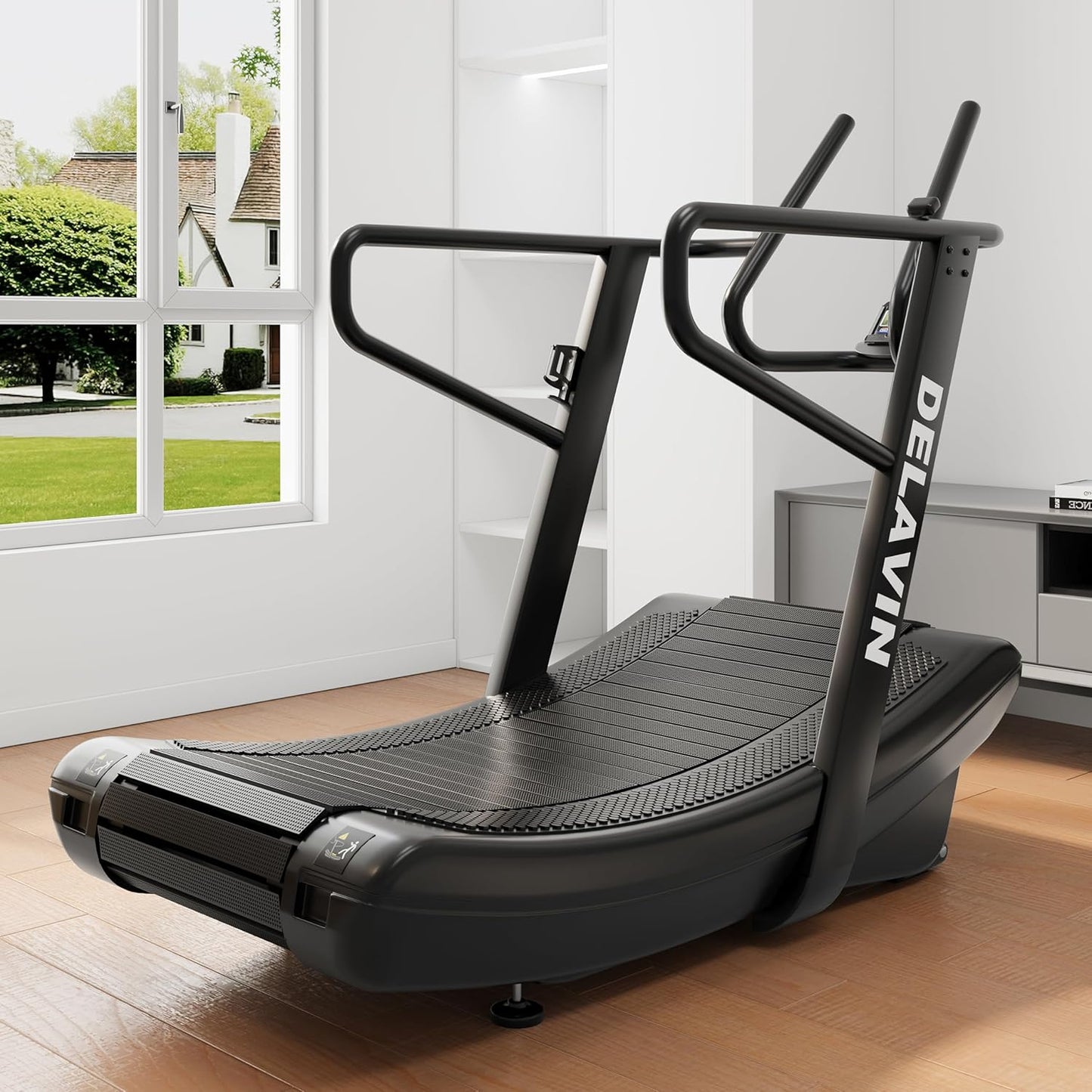Curved Manual Treadmill, Non Electric Treadmill with 4 Resistance Levels, Motorless Treadmill with Front Digital Display and Handlebar, Wide Belt Treadmill 440LBS Capacity for Home Gym(Fba)