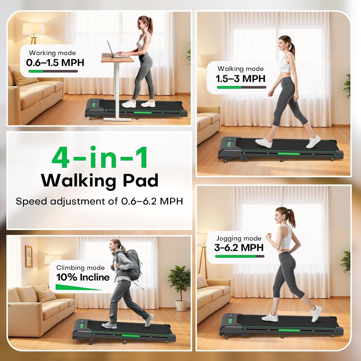 Walking Pad Treadmill, 6.2MPH under Desk Walking Pad with 10% Incline, Treadmills for Home with Double Frame, 2.75HP Brushless Drive, 12 HIIT Programs, Remote Control, 350LBS Capacity