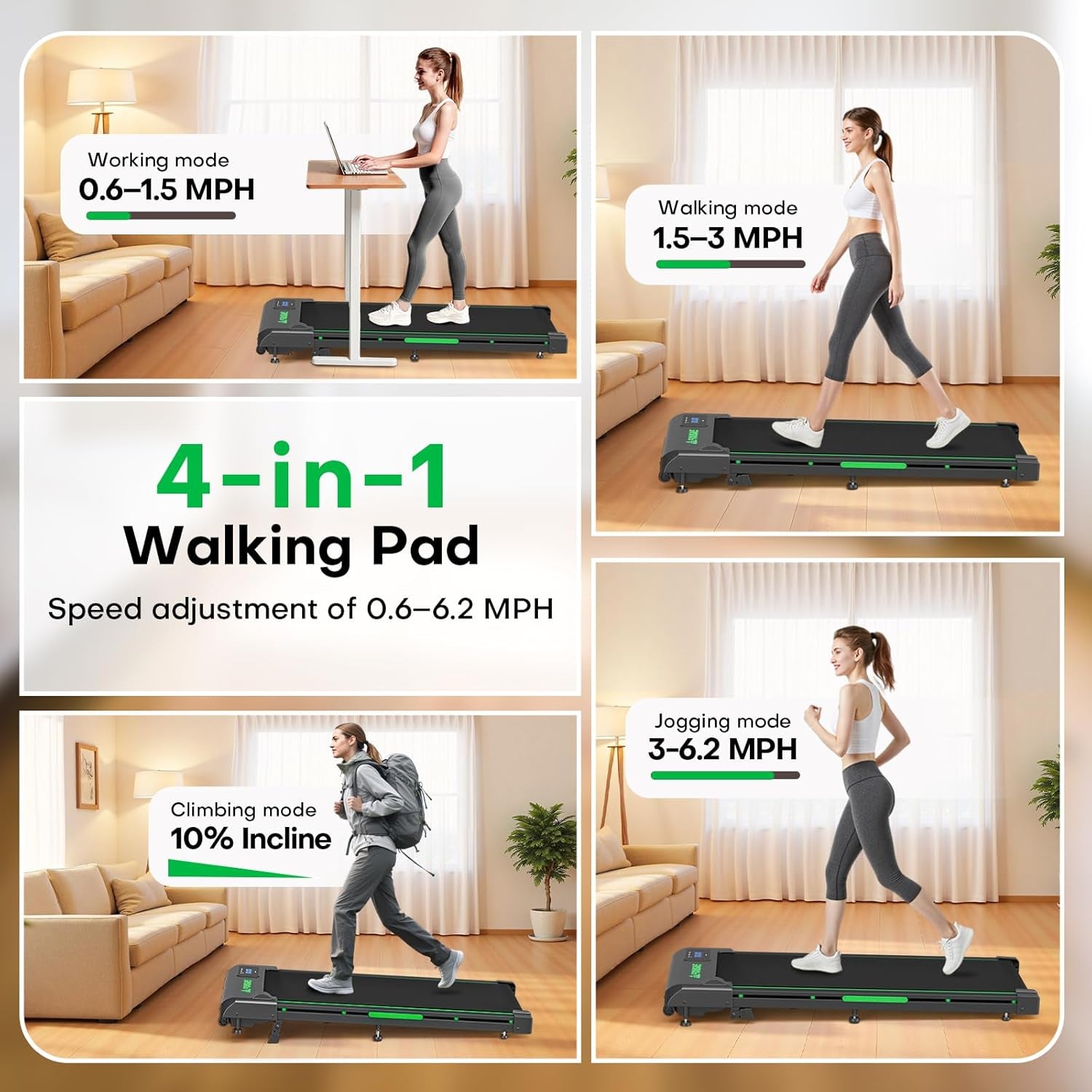 Walking Pad Treadmill, 6.2MPH under Desk Walking Pad with 10% Incline, Treadmills for Home with Double Frame, 2.75HP Brushless Drive, 12 HIIT Programs, Remote Control, 350LBS Capacity