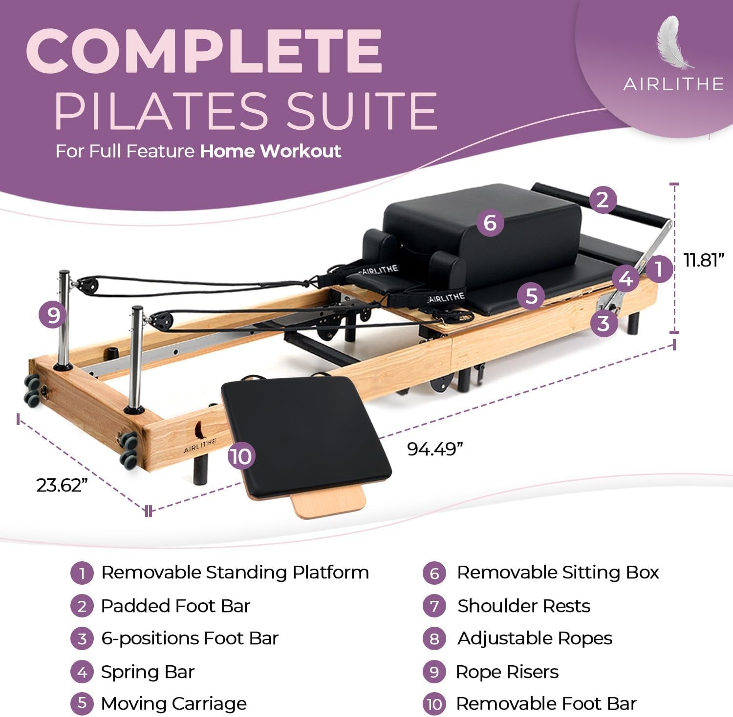 Foldable Pilates Reformer Machine for Home Workouts – Wooden Pilates Reformer Equipment with 360° Wheels, Reformer Box, Jump Board & Foot Board | 70+ Guided Workouts