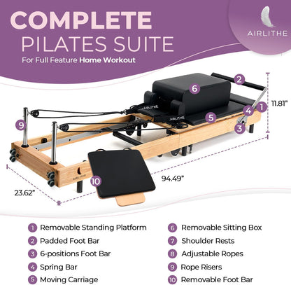 Foldable Pilates Reformer Machine for Home Workouts – Wooden Pilates Reformer Equipment with 360° Wheels, Reformer Box, Jump Board & Foot Board | 70+ Guided Workouts