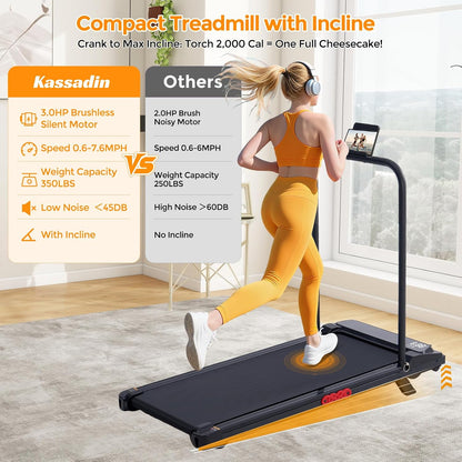 Walking Pad with Handle Bar, 2026 Upgrade Portable Small Treadmill with Handles for Home Small, 3.0HP under Desk Walking Pad Treadmill with Incline, 0.6-7.6MPH, 350LBS