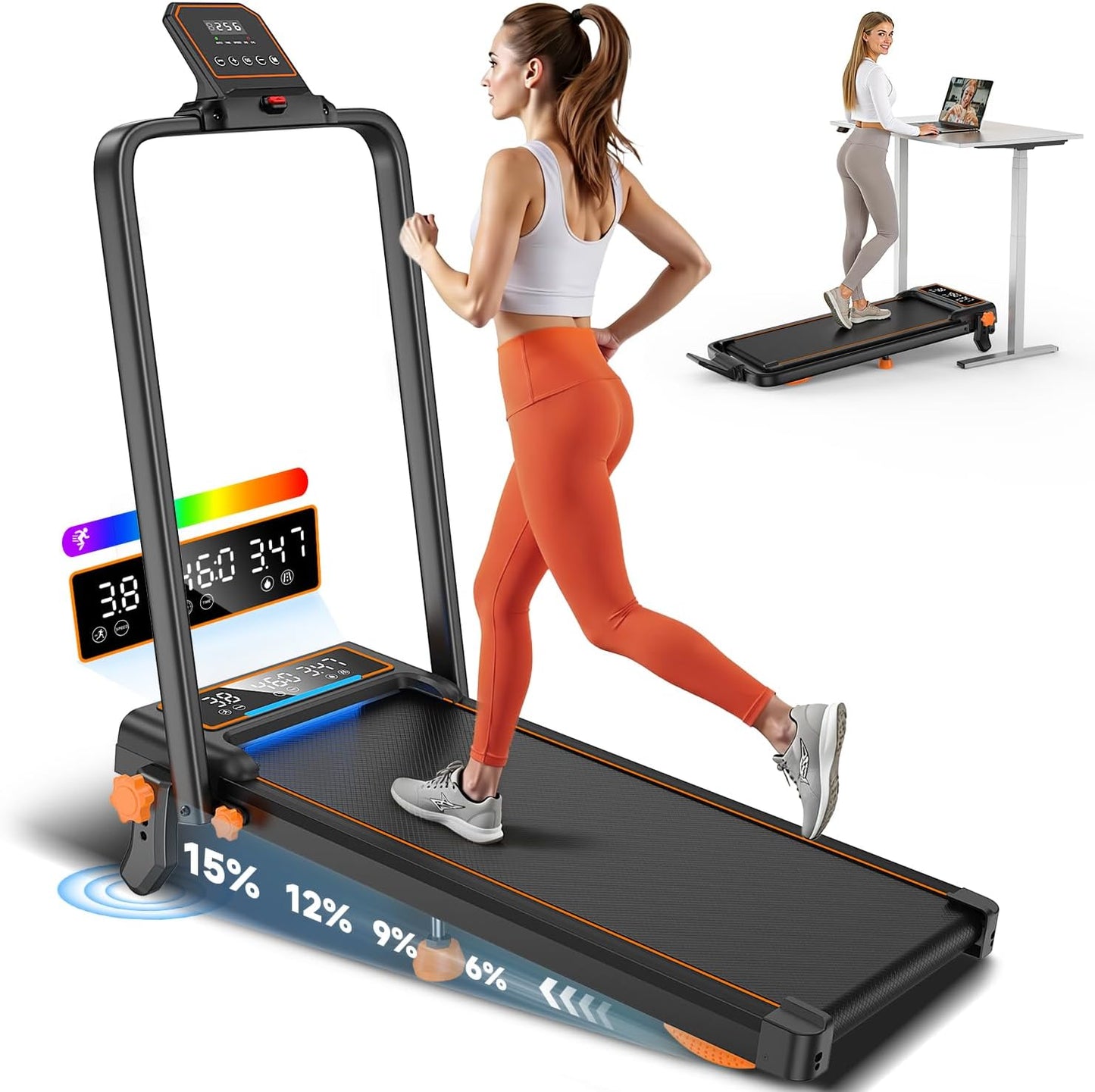 Walking Pad with 15% Incline//Handle Bar/Dual Display, 3.5HP Portable Treadmills for Home Small, Foldable Walking Pad Treadmill with Incline 4 Level, Incline Walking Pad -RGB Light, 350Lb Capacity