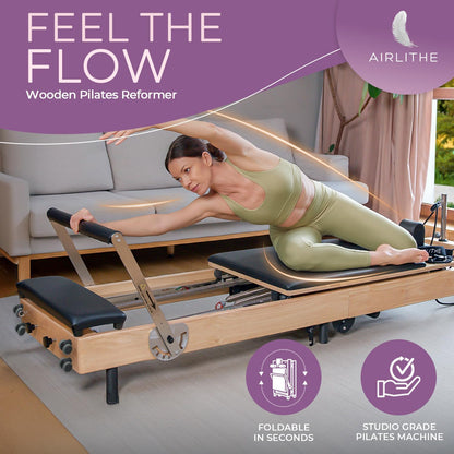 Foldable Pilates Reformer Machine for Home Workouts – Wooden Pilates Reformer Equipment with 360° Wheels, Reformer Box, Jump Board & Foot Board | 70+ Guided Workouts