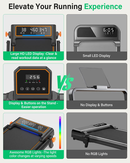 Walking Pad with 15% Incline//Handle Bar/Dual Display, 3.5HP Portable Treadmills for Home Small, Foldable Walking Pad Treadmill with Incline 4 Level, Incline Walking Pad -RGB Light, 350Lb Capacity