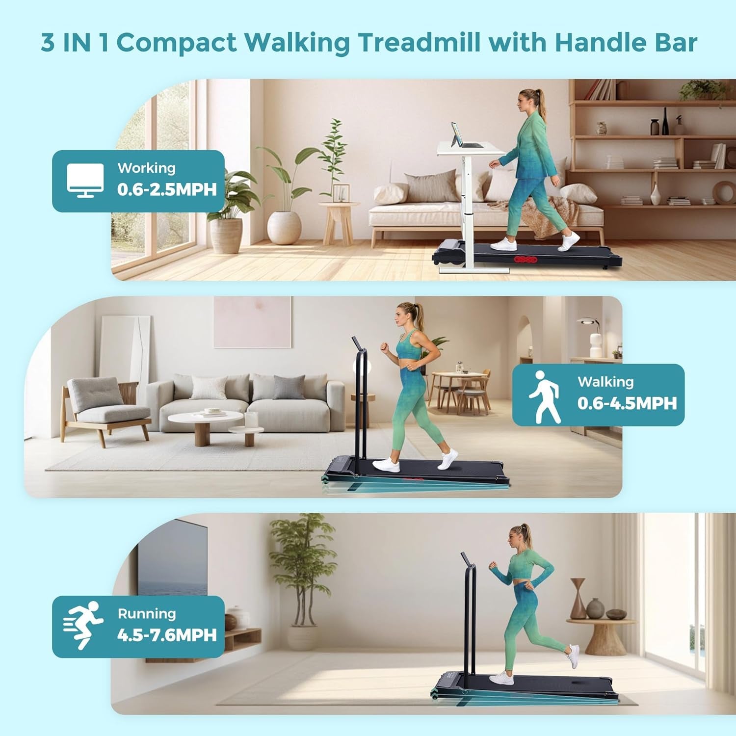 Portable Walking Pad Treadmill with Incline, 0.6-7.6MPH Mini Walking Treadmills for Home Small,3.0Hp Electric Treadmill for Exercising, Small Treadmills with Handle Bar, 350 LB Capacity