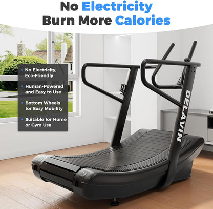 Curved Manual Treadmill, Non Electric Treadmill with 4 Resistance Levels, Motorless Treadmill with Front Digital Display and Handlebar, Wide Belt Treadmill 440LBS Capacity for Home Gym(Fba)