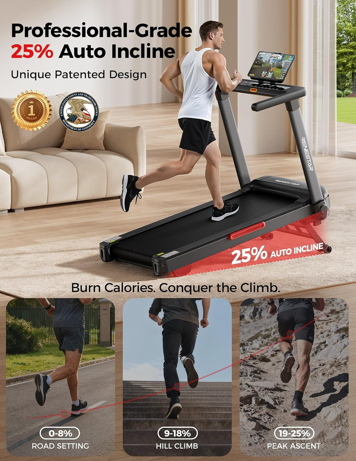 Treadmill for Home with 25% Auto Incline - 8.5MPH Max Speed, Extra Large LED Touchscreen, 300LBS Capacity, 3.5HP Home Office Treadmills for Running Jogging Walking