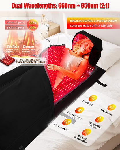 Red Light Therapy Mat for Full Body — 87.4"X33" Infrared Red Light Blanket with 2874 (660Nm & 850Nm) Leds for Home Use