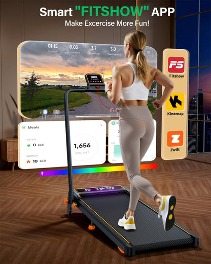 Walking Pad with 15% Incline//Handle Bar/Dual Display, 3.5HP Portable Treadmills for Home Small, Foldable Walking Pad Treadmill with Incline 4 Level, Incline Walking Pad -RGB Light, 350Lb Capacity