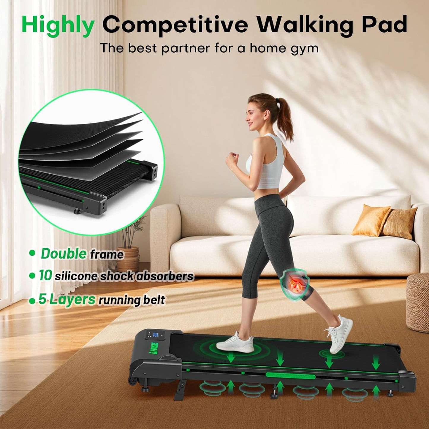 Walking Pad Treadmill, 6.2MPH under Desk Walking Pad with 10% Incline, Treadmills for Home with Double Frame, 2.75HP Brushless Drive, 12 HIIT Programs, Remote Control, 350LBS Capacity