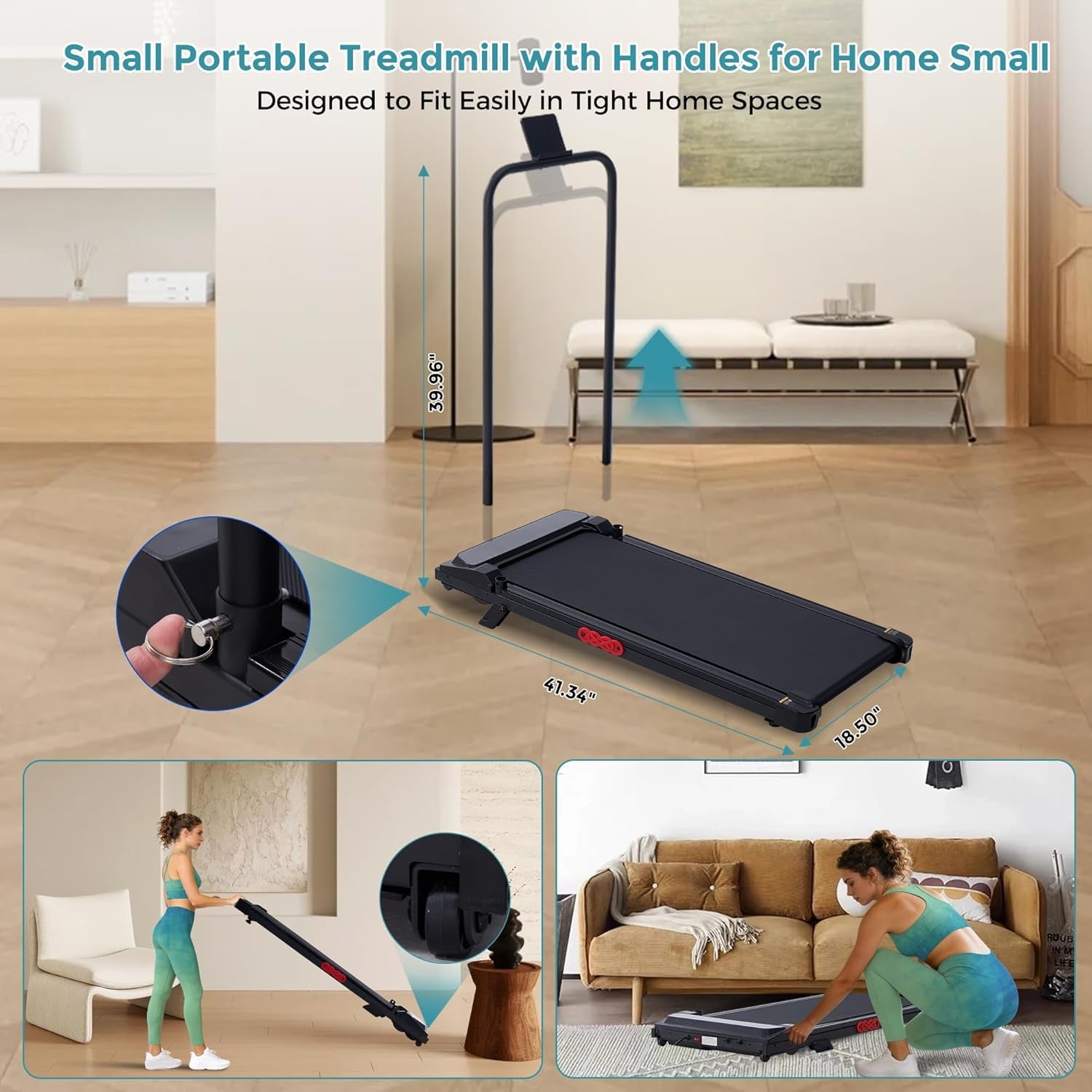 Portable Walking Pad Treadmill with Incline, 0.6-7.6MPH Mini Walking Treadmills for Home Small,3.0Hp Electric Treadmill for Exercising, Small Treadmills with Handle Bar, 350 LB Capacity