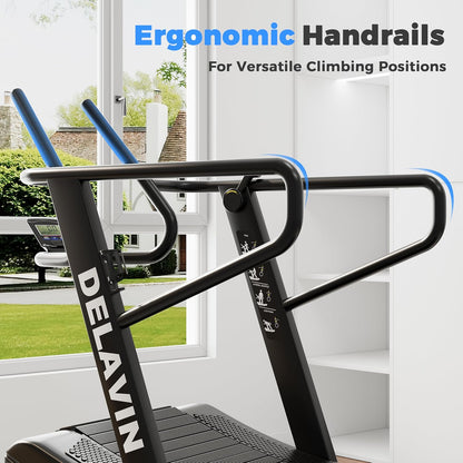 Curved Manual Treadmill, Non Electric Treadmill with 4 Resistance Levels, Motorless Treadmill with Front Digital Display and Handlebar, Wide Belt Treadmill 440LBS Capacity for Home Gym(Fba)