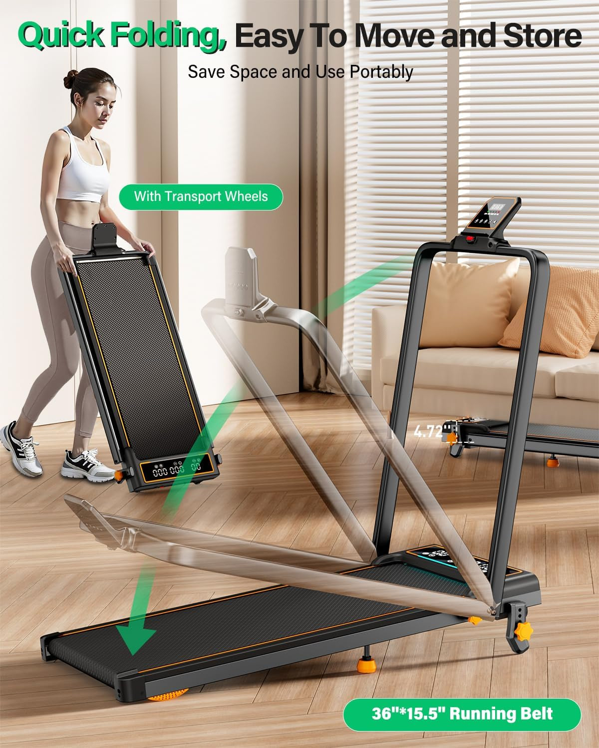 Walking Pad with 15% Incline//Handle Bar/Dual Display, 3.5HP Portable Treadmills for Home Small, Foldable Walking Pad Treadmill with Incline 4 Level, Incline Walking Pad -RGB Light, 350Lb Capacity