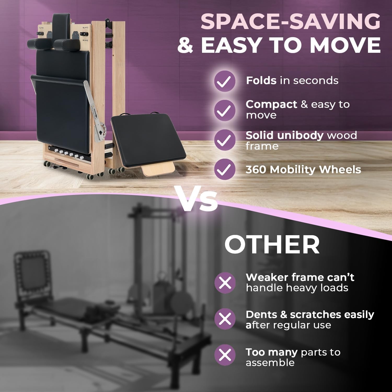 Foldable Pilates Reformer Machine for Home Workouts – Wooden Pilates Reformer Equipment with 360° Wheels, Reformer Box, Jump Board & Foot Board | 70+ Guided Workouts