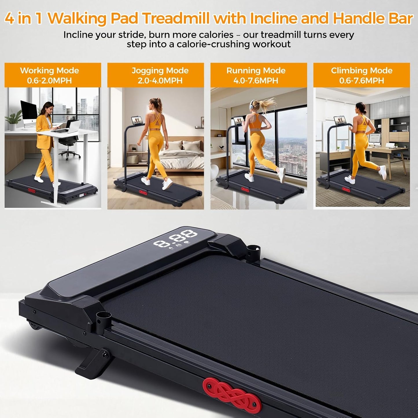 Walking Pad with Handle Bar, 2026 Upgrade Portable Small Treadmill with Handles for Home Small, 3.0HP under Desk Walking Pad Treadmill with Incline, 0.6-7.6MPH, 350LBS