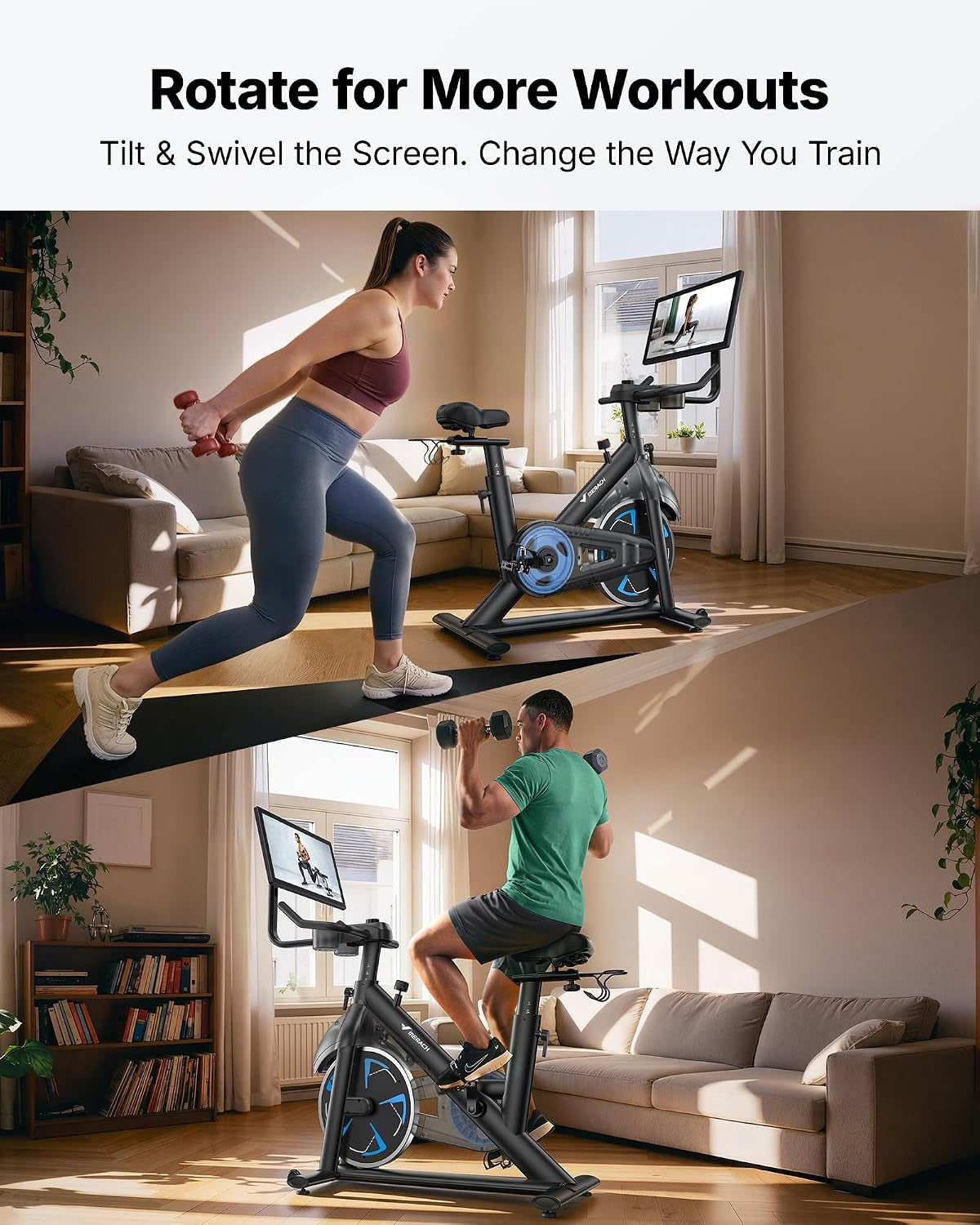 Magnetic Exercise Bike with 21.5" HD Display & Auto Resistance, Low Noise Stationary Bike for Home with Comfortable Seat Cushion, Spinning Bike with 350 Lb Weight Capacity, Exclusive App