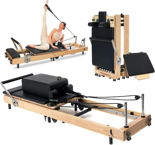 Foldable Pilates Reformer Machine for Home Workouts – Wooden Pilates Reformer Equipment with 360° Wheels, Reformer Box, Jump Board & Foot Board | 70+ Guided Workouts