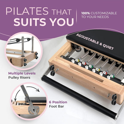 Foldable Pilates Reformer Machine for Home Workouts – Wooden Pilates Reformer Equipment with 360° Wheels, Reformer Box, Jump Board & Foot Board | 70+ Guided Workouts