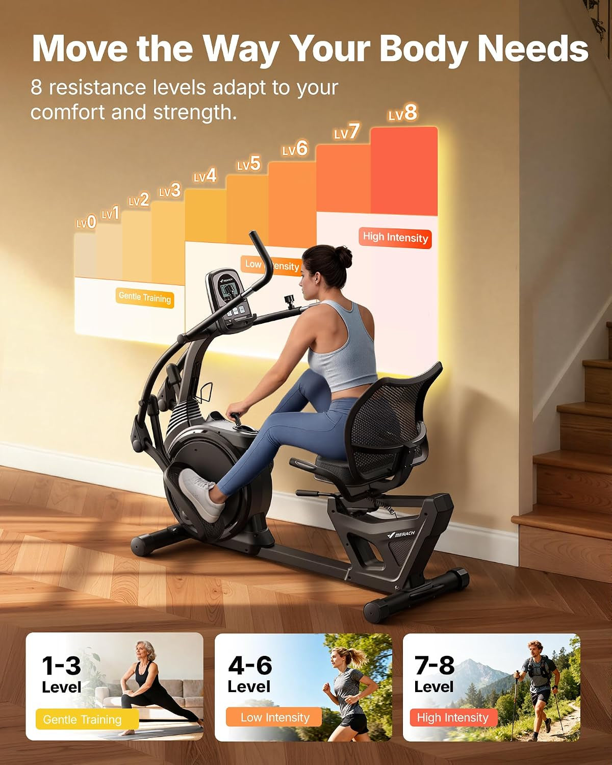Recumbent Exercise Bike, Stationary Bikes for Home with Bluetooth Exclusive App, Magnetic Resistance, Recumbent Cross Trainer with Multi-Position Adjustable Handle for Full-Body Workout