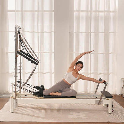 foldable Pilates Reformer, Pilates Workout Machine for Home Gym Studio Use, Pilates Bed with Dual Resistance- Spring & Cord, Reformer Set for Advanced Users and Beginners, up to 400 LBS